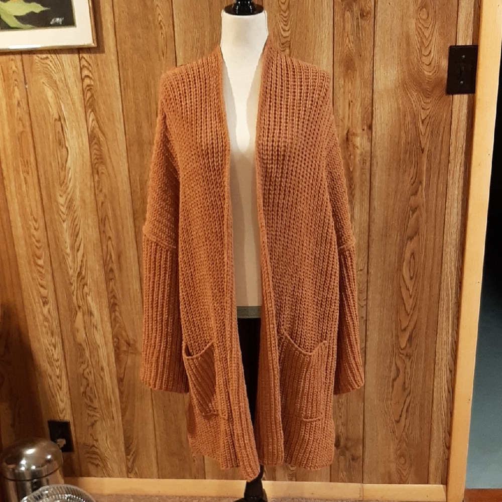 🍭NWOT POL Brown Chenille Bell-Sleeve Cardigan/Duster/Front Pockets (L)